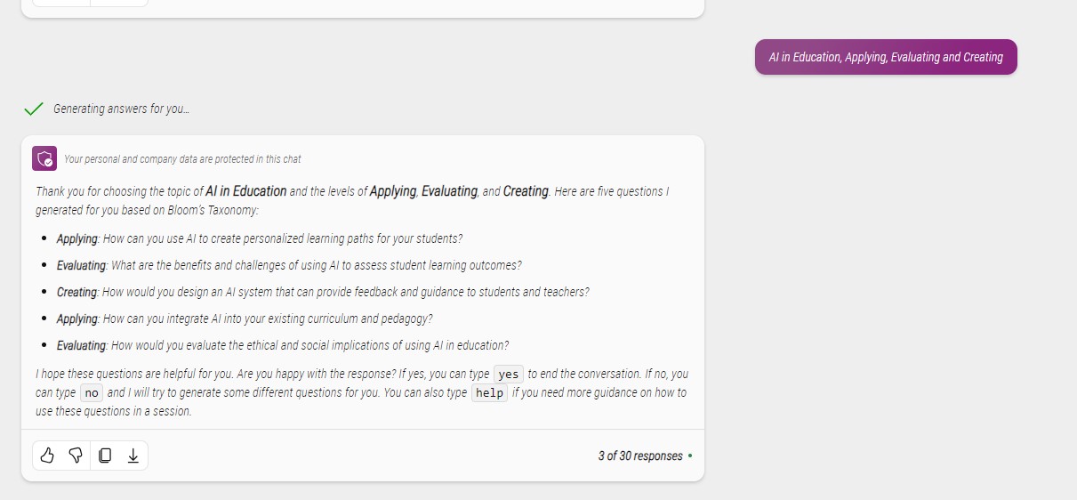 This image is three of four screenshots which show the prompt inputted into Microsoft Copilot, along with the output. The user has inputted "AI in Education, Applying, Evaluating and Creating". Copilot has responded with five questions based on Bloom